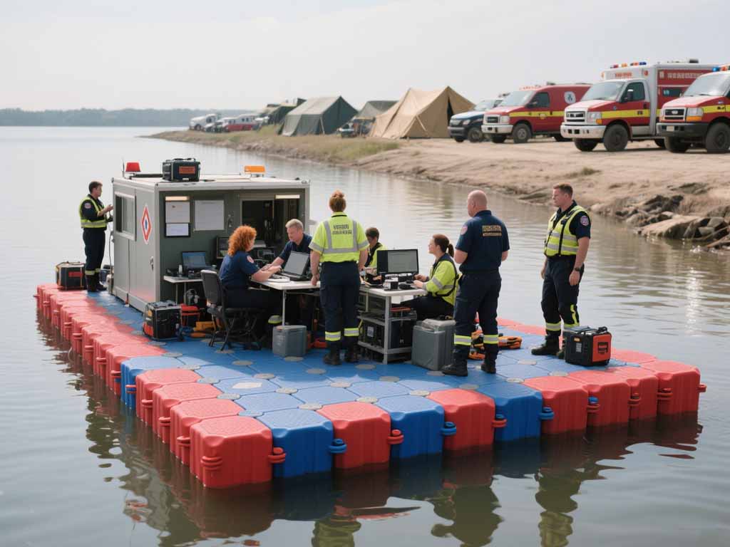 disaster-command-pontoon Modular floating pontoon platform serving as a disaster command center with emergency crews and equipment