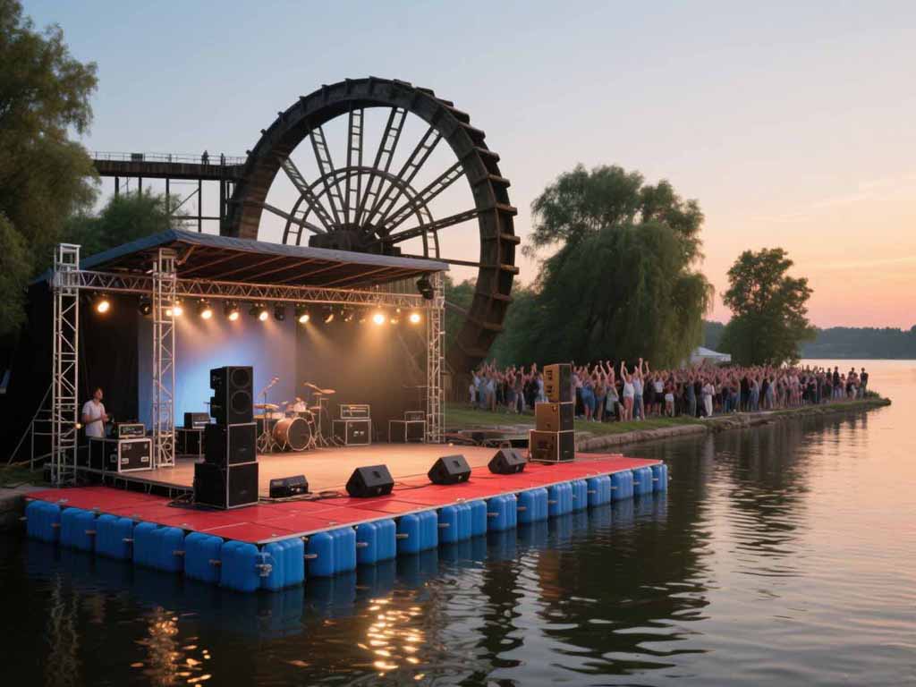 lake-concert-stage Floating concert stage at dusk with professional sound system, lighting rig, and shoreline audience
