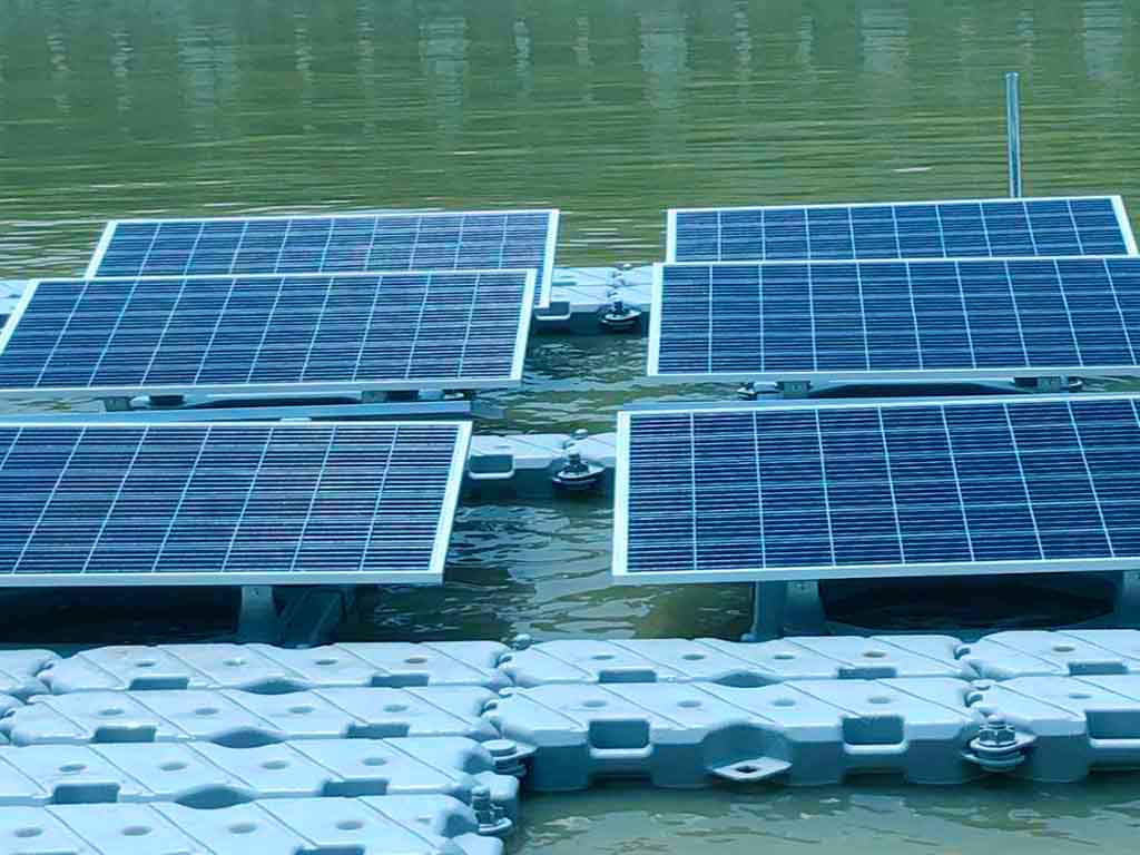 under-panel-aquatic-habitat Fish thriving beneath solar panels with 85% light-penetration eco-rafts maintaining dissolved oxygen >6mg/L
