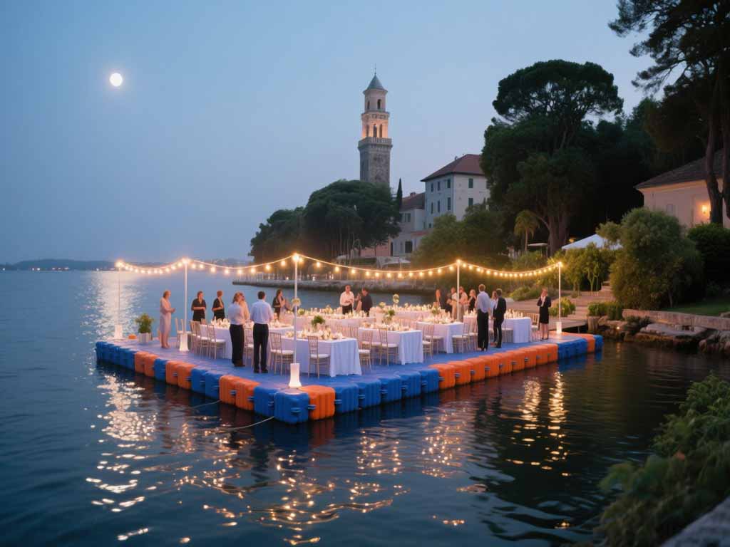 waterfront-wedding-stage Rental floating party platform for a waterfront wedding with LED lighting and banquet tables under string lights