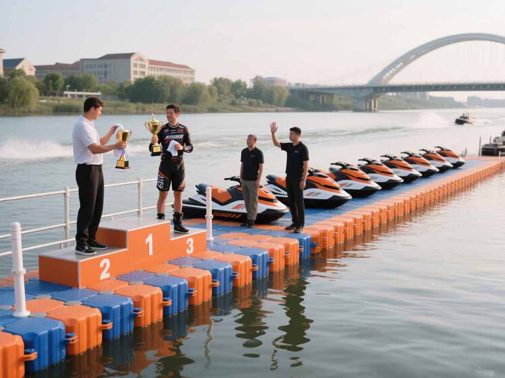 watersports-award-ceremony Jet ski champions receiving trophies on modular floating award platform with LED podium and safety railings