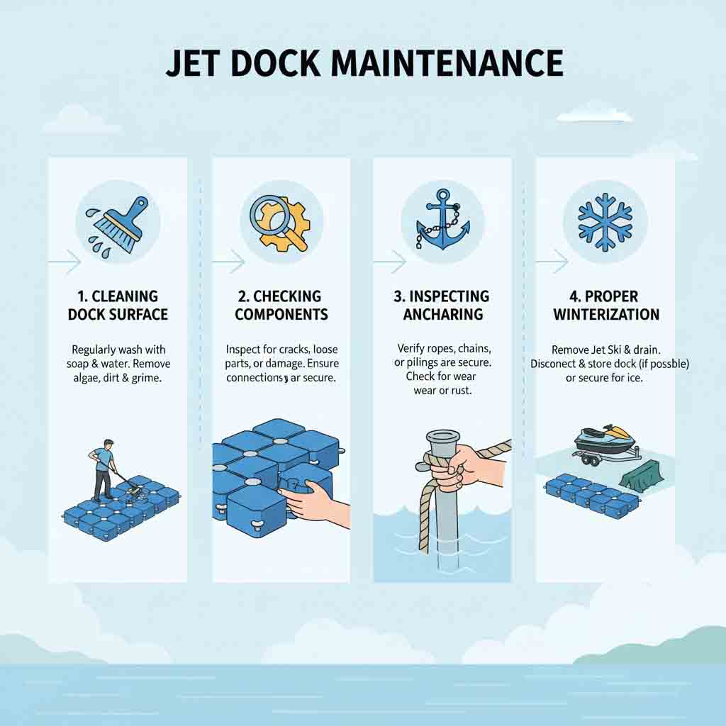 Jet ski dock being cleaned and inspected as part of daily, seasonal, and long-term maintenance routine