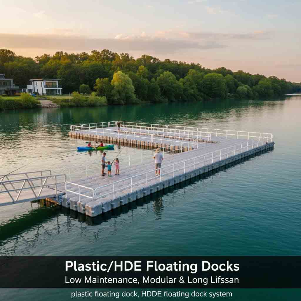 Plastic HDPE floating dock system on a river