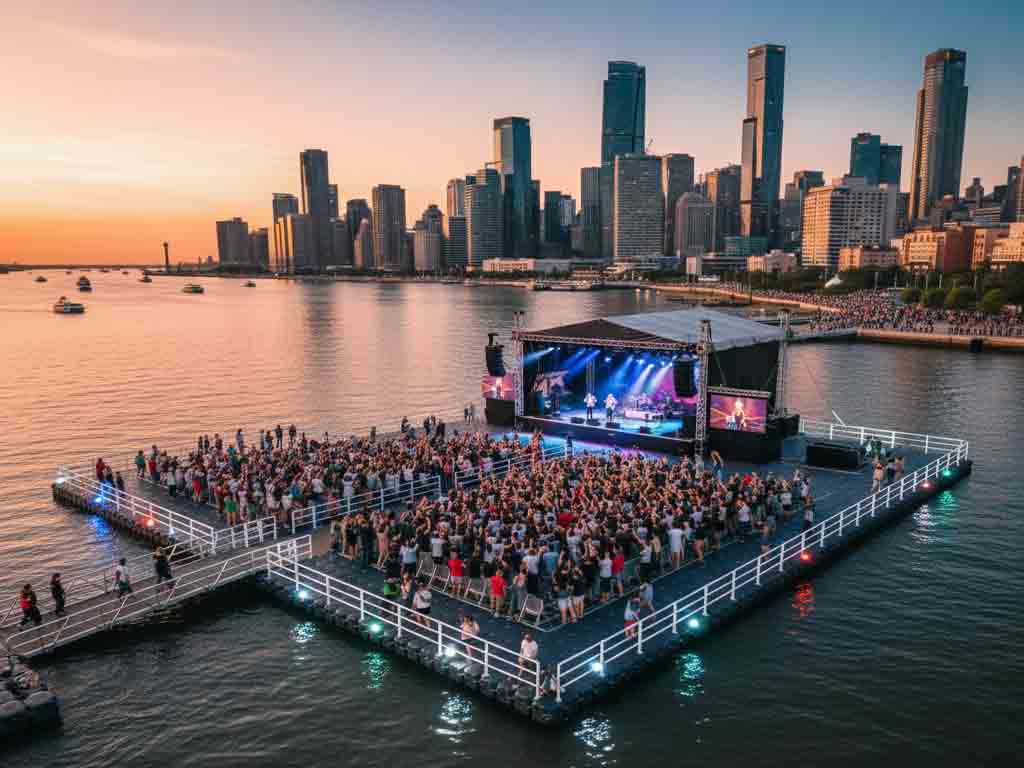 Rental floating platform for a waterfront concert party on lake with LED spot lighting