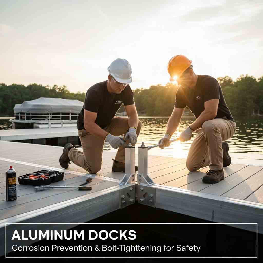 Aluminum dock inspection showing corrosion check and bolt tightening for structural safety