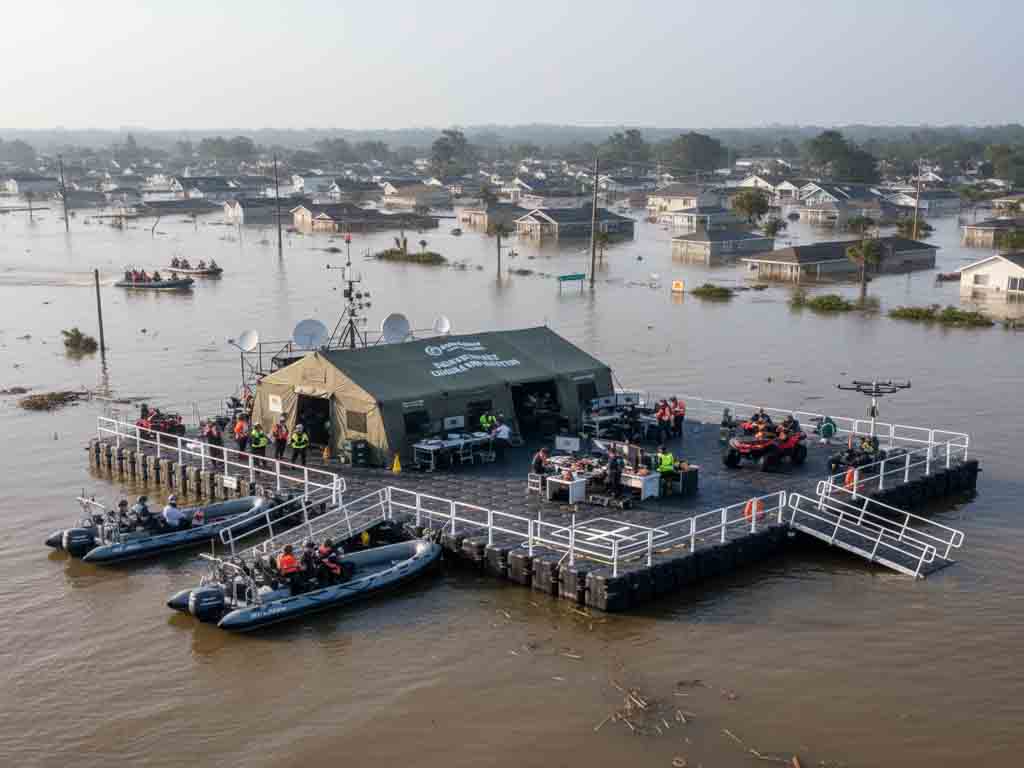 Modular floating pontoon platform serving as a disaster command center with emergency crews and equipment