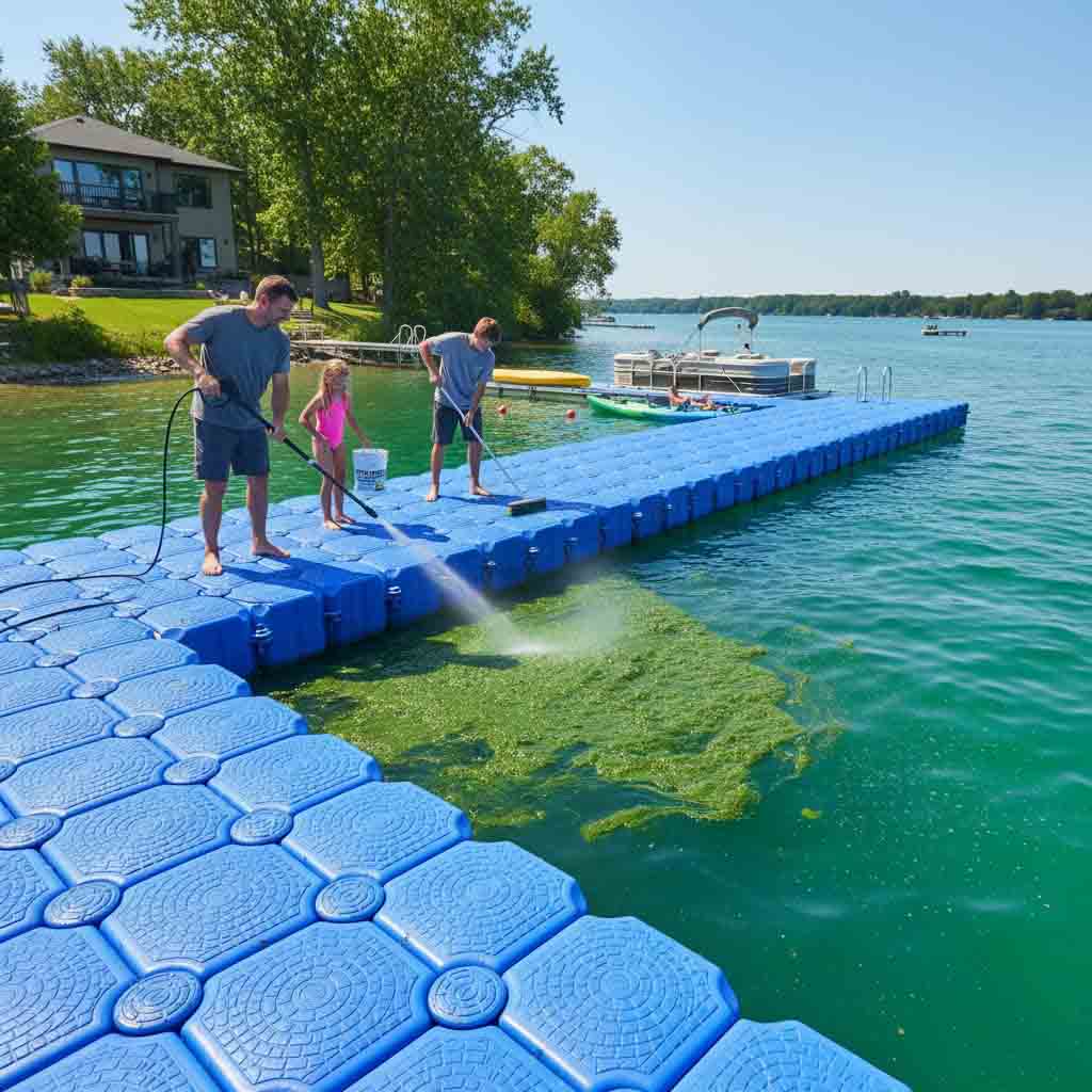 Dock surface being cleaned with eco-friendly algae remover for safety and appearance