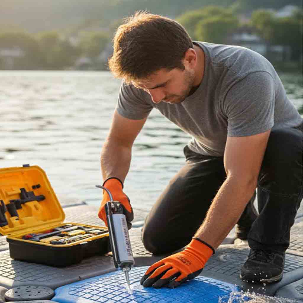 Floating dock float repair with patching or replacement to restore buoyancy and stability