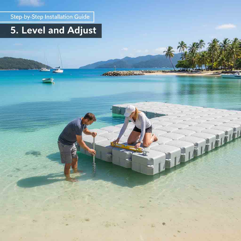 Checking and adjusting the dock surface to ensure it is stable and even