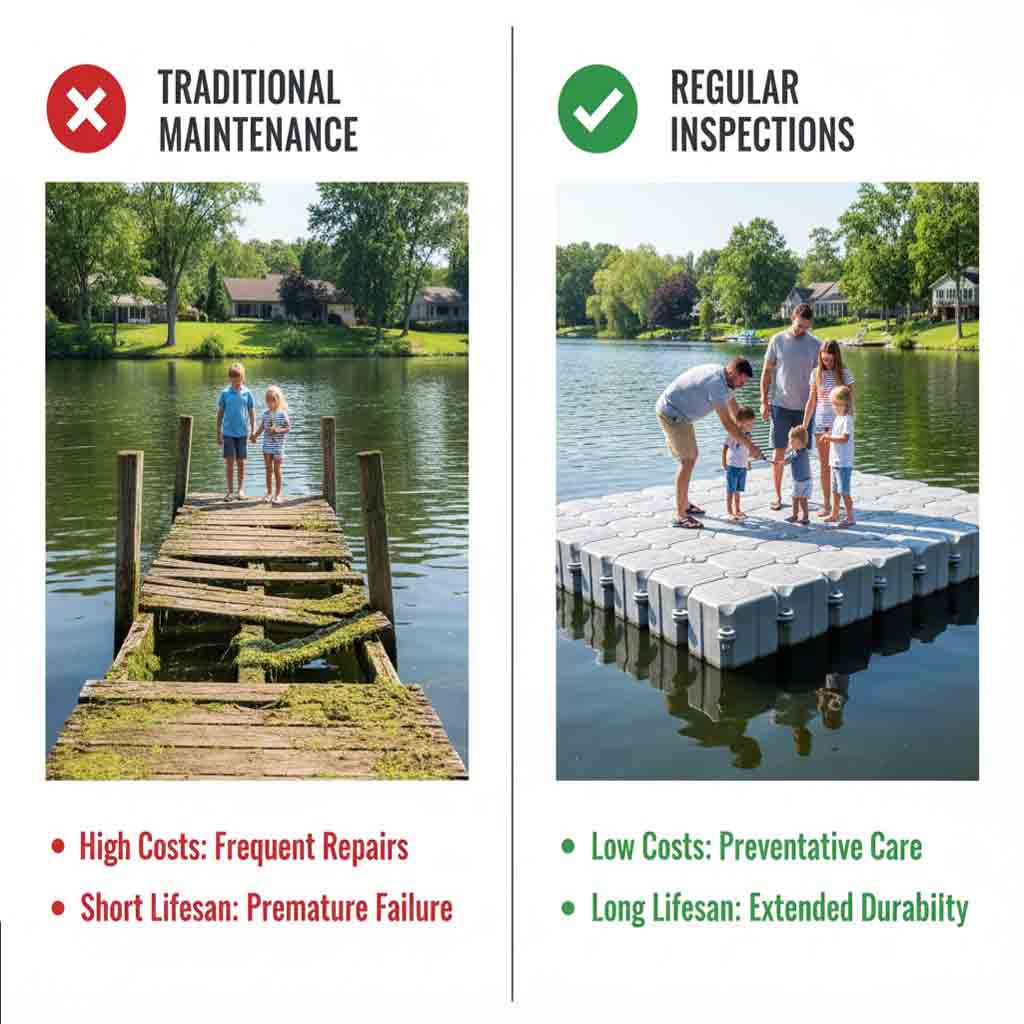 Floating dock maintenance showing inspection and repair to reduce dock maintenance cost and extend dock lifespan