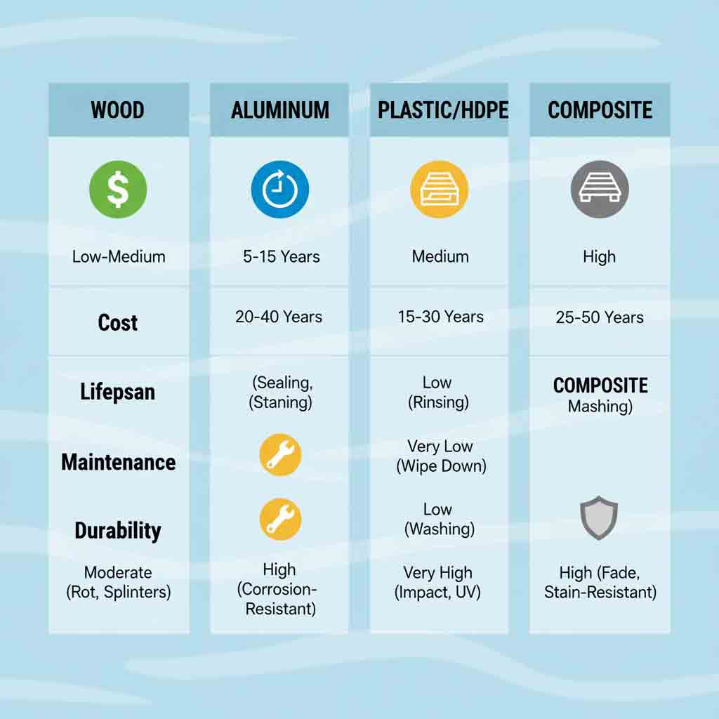 Table comparing wood, aluminum, and plastic floating docks