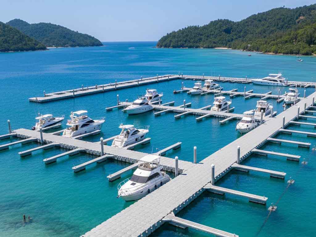 Durable HDPE floating dock system installed in Phuket, ideal for tropical marine environments and waterfront access