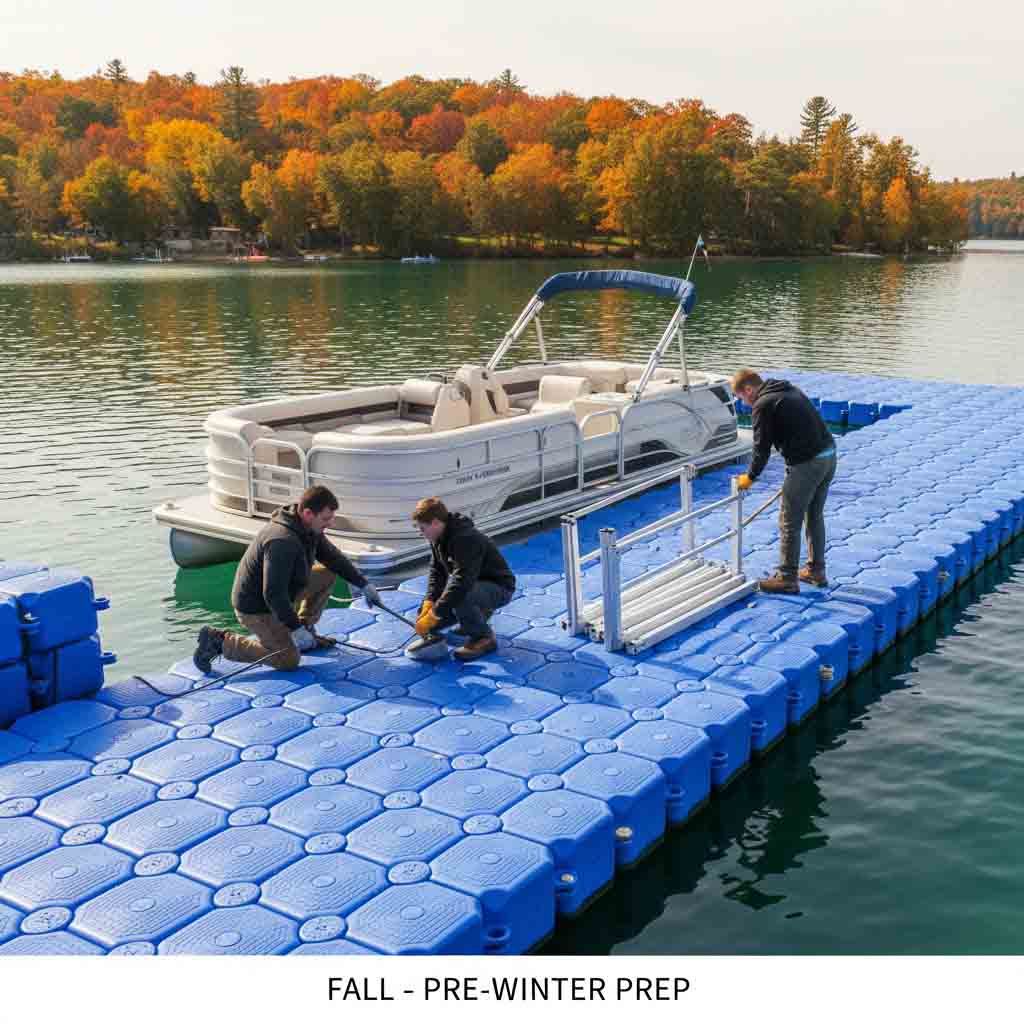 Fall dock maintenance showing corrosion inspection, anchoring reinforcement, and removal of vulnerable parts before winter