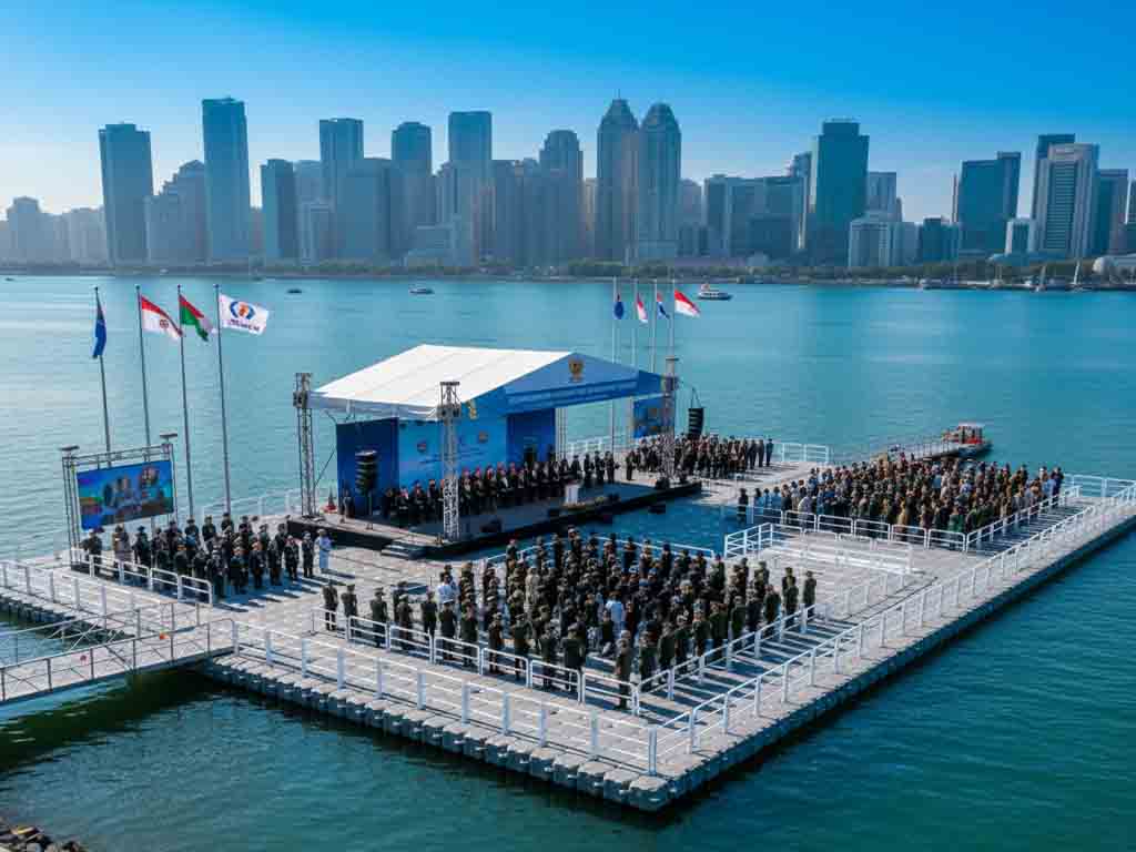 Flagship floating event platform hosting an inauguration ceremony with government officials and crowd seating
