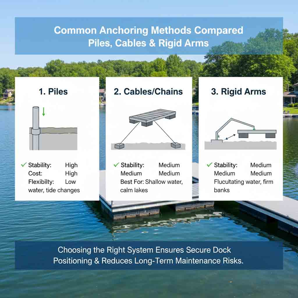 Comparison of floating dock anchoring methods showing piles, cable systems, and rigid arms for stability