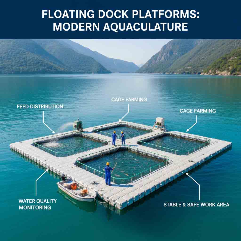 Floating dock platform supporting cage farming, feed distribution, and water quality monitoring in a modern fish farm