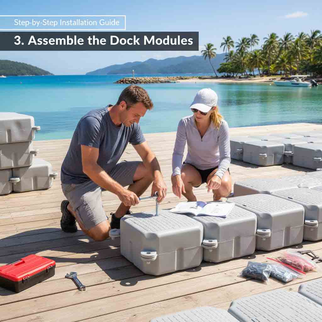Connecting modular floating dock cubes step by step before moving into the water
