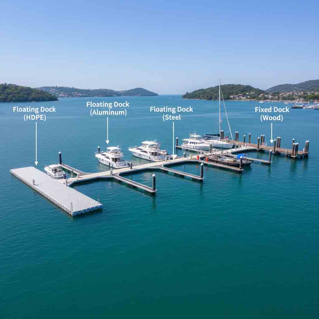 Comparison chart of floating dock platforms versus fixed docks, highlighting applications, load capacity, wave resistance, maintenance, and cost