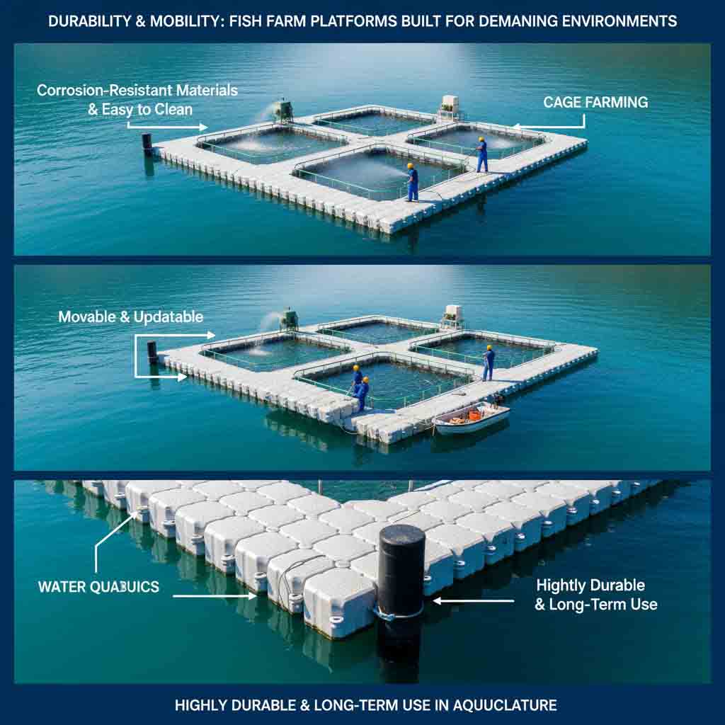 Corrosion-resistant floating dock platform in a fish farm, showing easy-to-clean, movable, and durable design for long-term aquaculture use