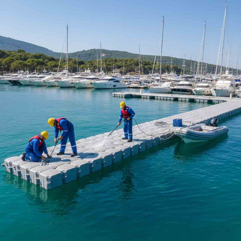 Workers assembling and anchoring a floating dock platform, with tools for cleaning and seasonal maintenance