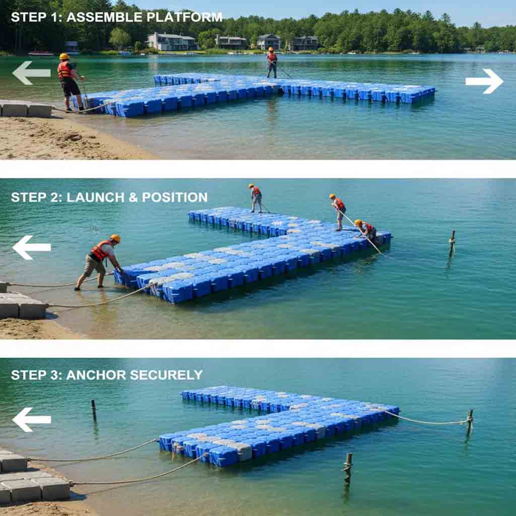 Floating dock installation guide showing step-by-step process and dock anchoring methods
