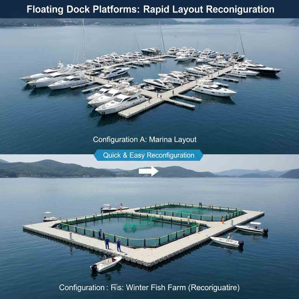 Modular floating dock system reconfigured to adapt to seasonal demand and different vessel sizes in a marina