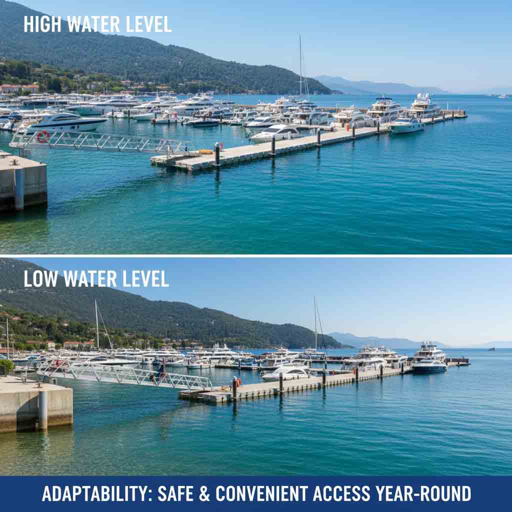 Floating dock platform rising and falling with changing water levels, ensuring safe and convenient year-round access for boats and users