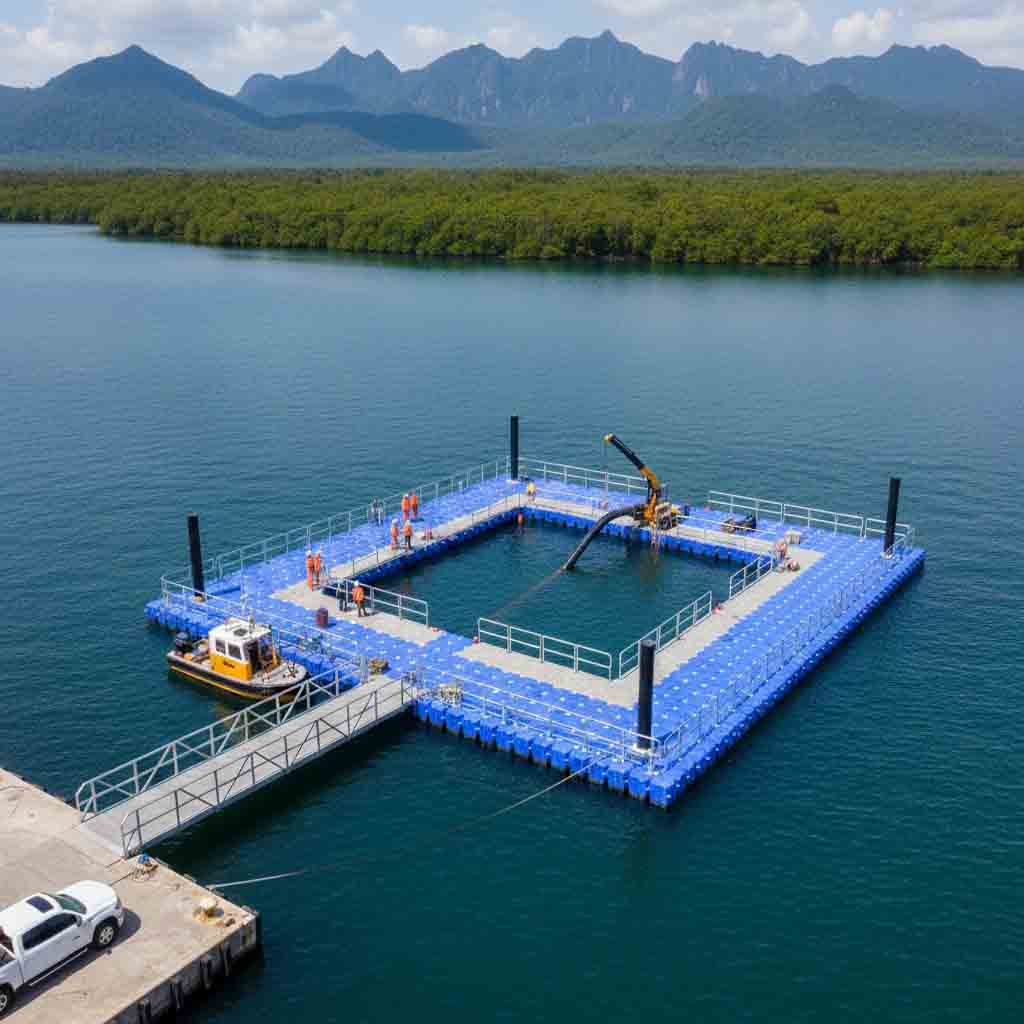 Industrial work dock platform built with modular floating dock blocks for heavy-duty marine operations