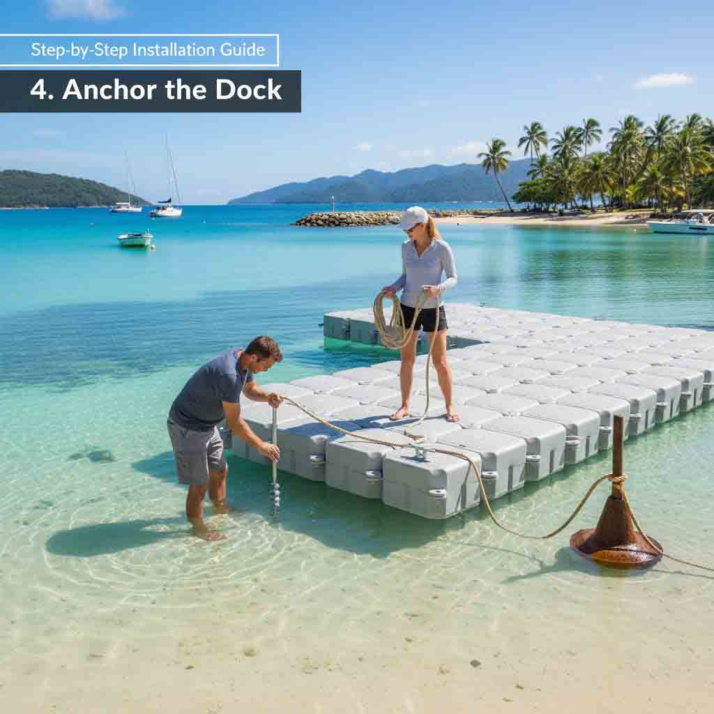 Securing a jet ski dock with weighted anchors for stability in varying water conditions
