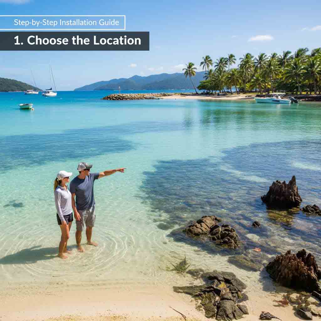 Beginner choosing a calm water area with minimal current for jet ski dock setup