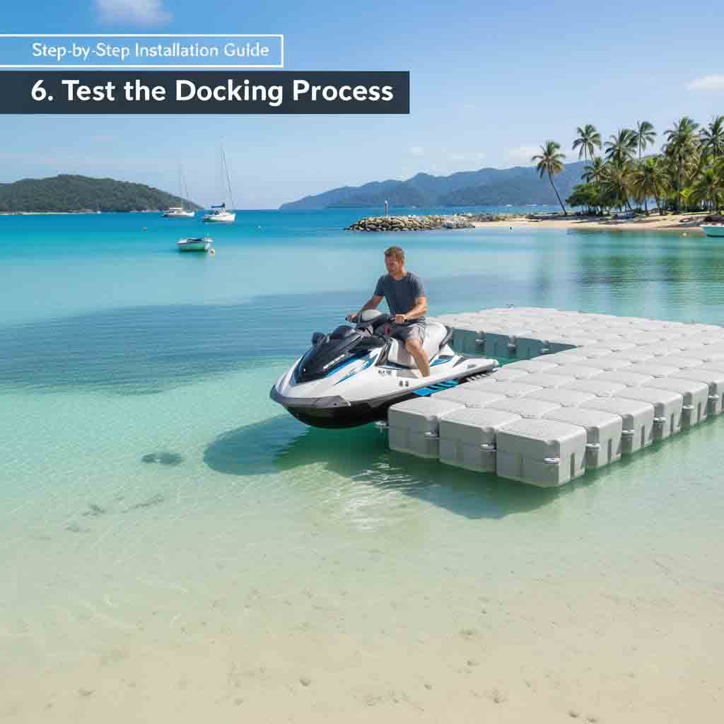 Beginner slowly driving a jet ski onto the dock to test stability and alignment