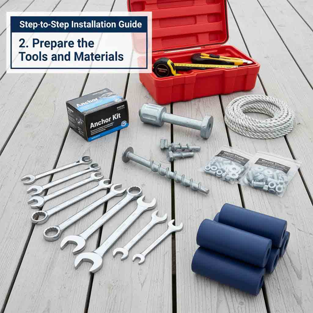 Wrenches, anchor kits, corrosion-resistant bolts, and bumpers prepared for jet ski dock installation