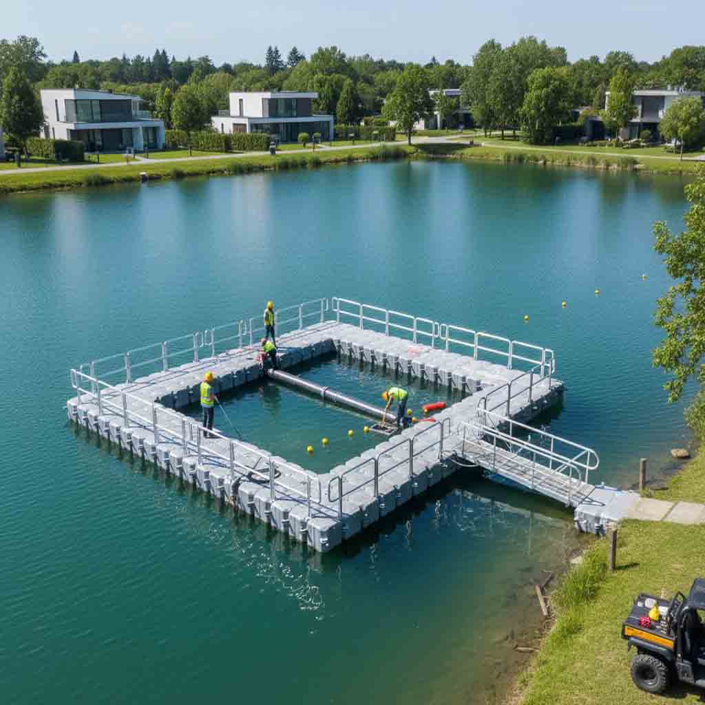 Floating dock work platform built with modular plastic floating dock blocks for industrial use
