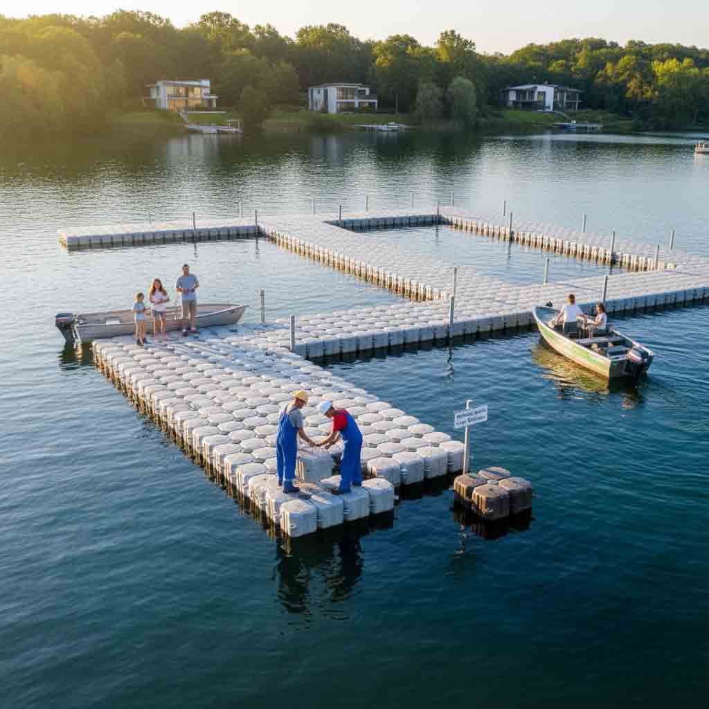 Modular floating dock system with plastic cubes