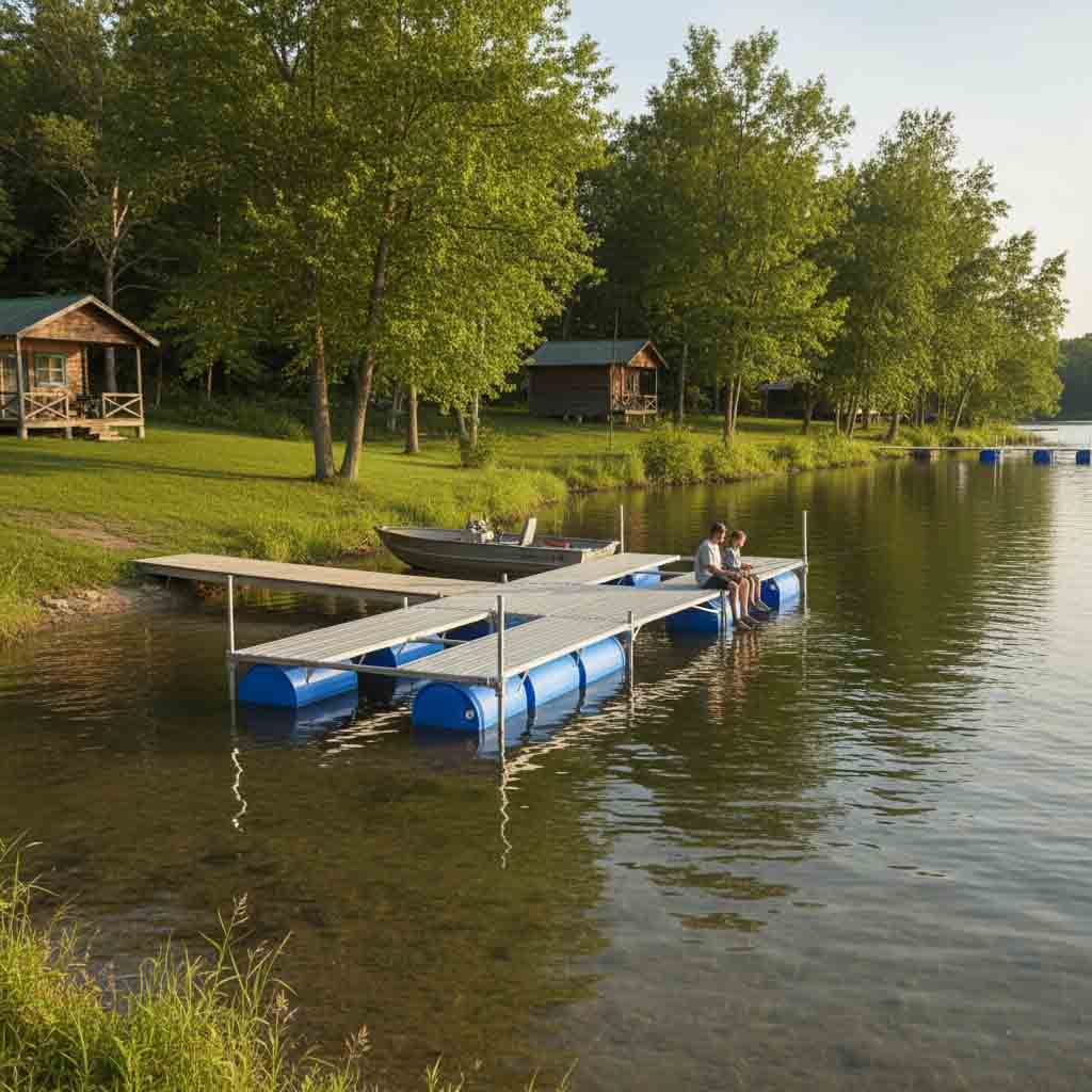 Pipe frame floating dock installed in shallow water