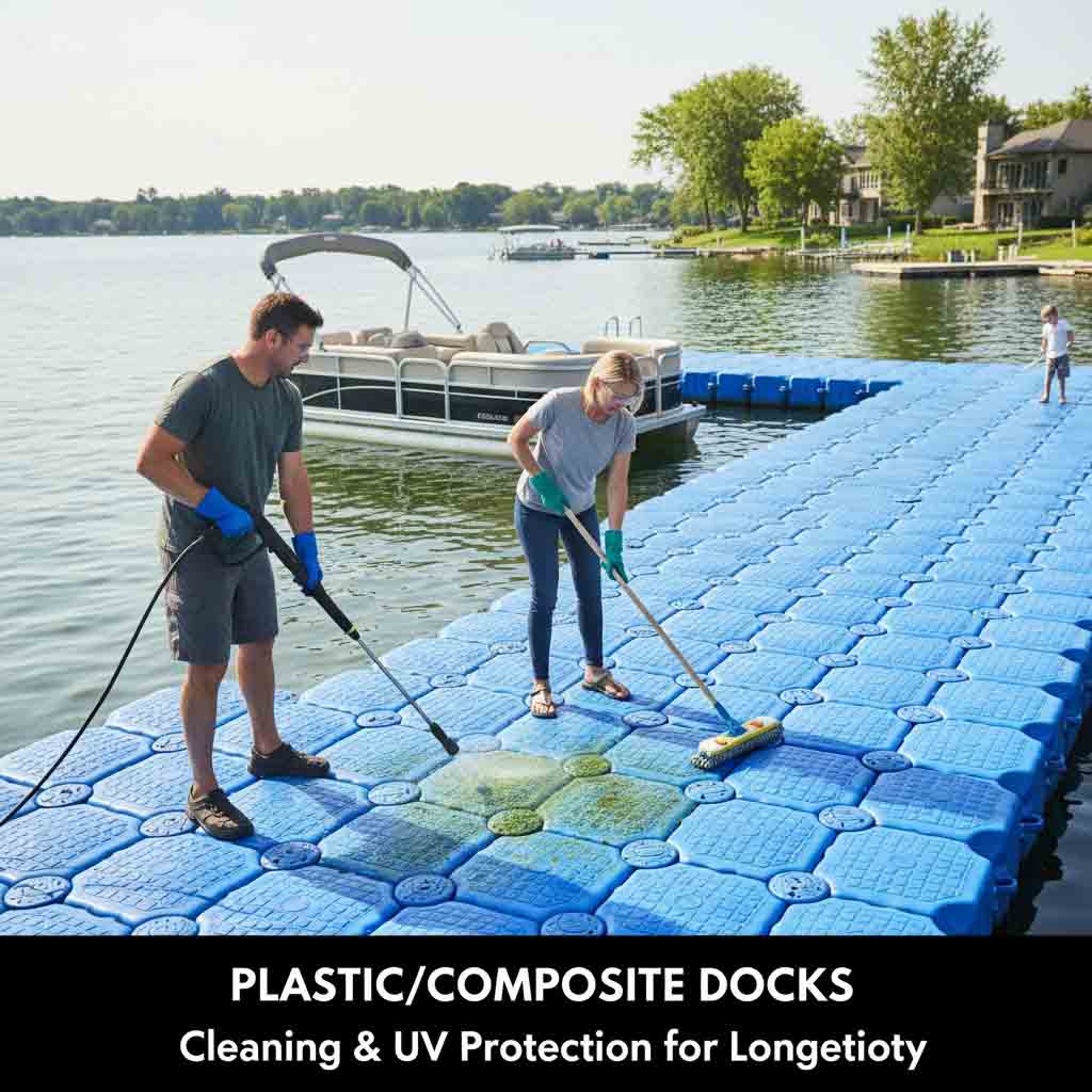 Plastic composite dock cleaning with UV protection applied to prevent fading and brittleness