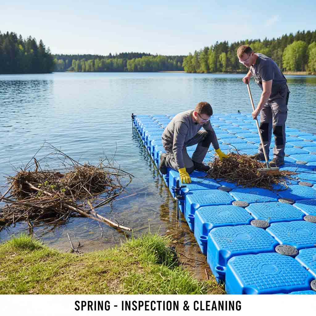Spring floating dock inspection with worker checking floats, hinges, and anchors while removing winter debris