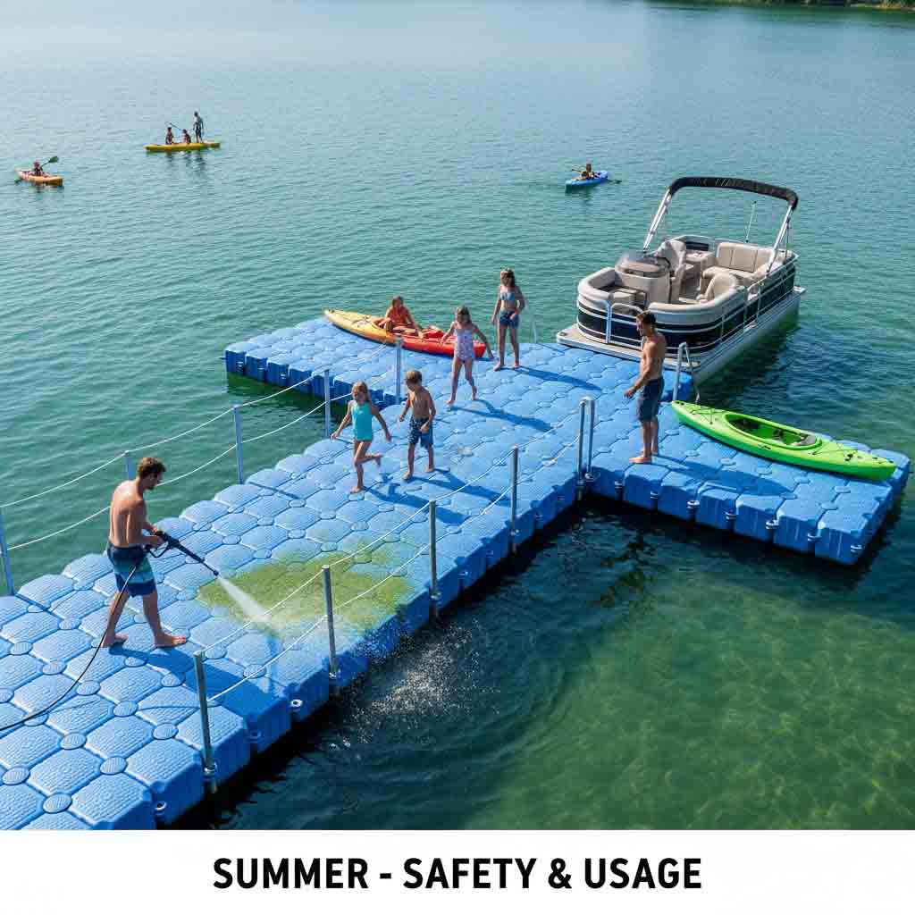 Summer dock safety check with algae cleaning and anti-slip surface inspection during heavy use