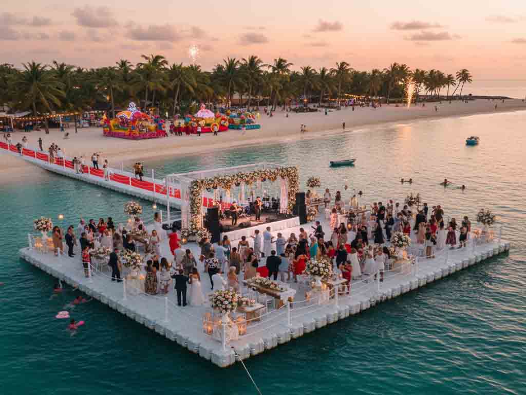 Rental floating party platform for a waterfront wedding with LED lighting and banquet tables under string lights