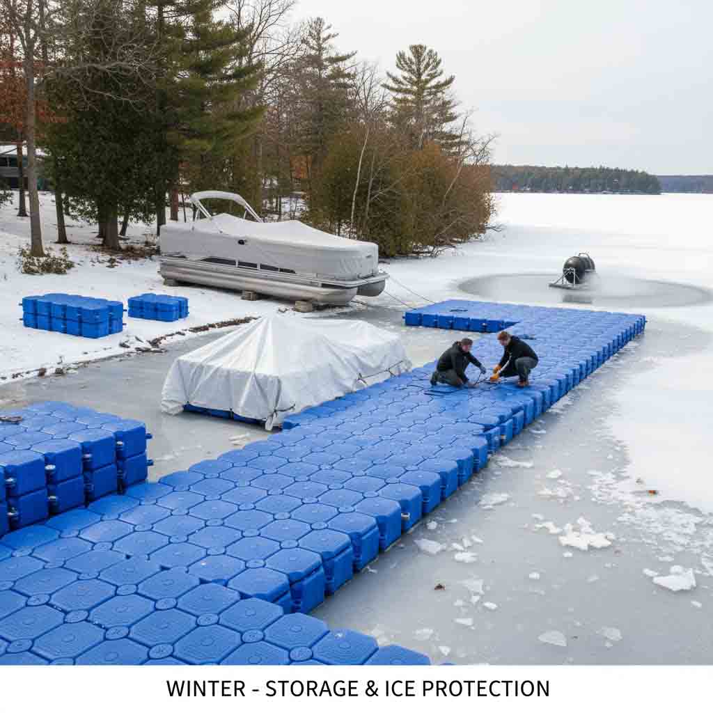 Winter dock storage and ice protection with floats drained and movable dock sections safely stored
