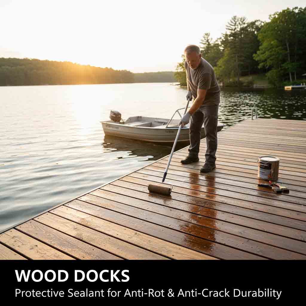 Wood dock maintenance with protective sealant applied to prevent rot and cracking