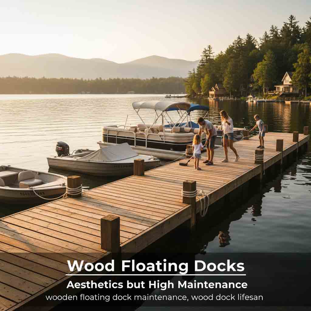 Wooden floating dock with boats tied