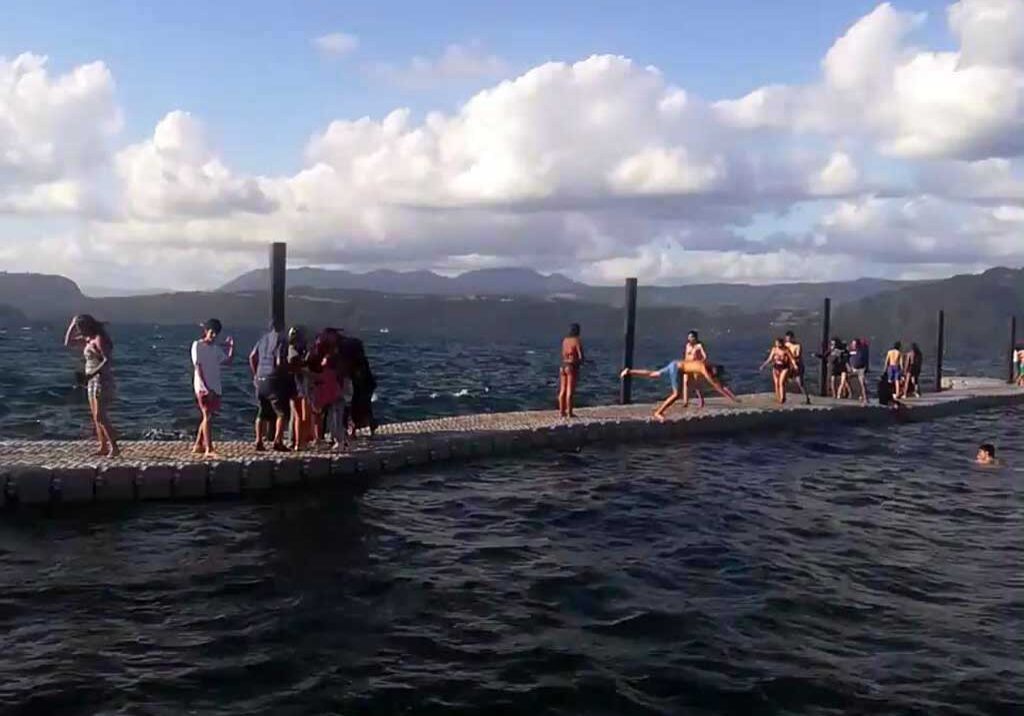 UV-resistant swimming platform with ladder and handrails